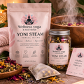 Yoni Steam Herbal Blend bundle pictured with a pink pouch, herb jar, and mesh sachet.