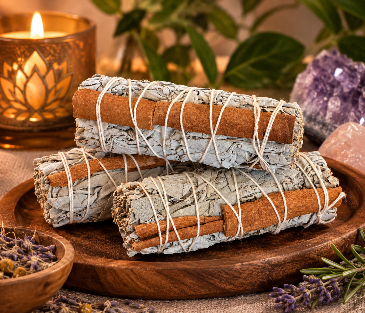 Three tied sage bundles arranged on a wooden tray.
