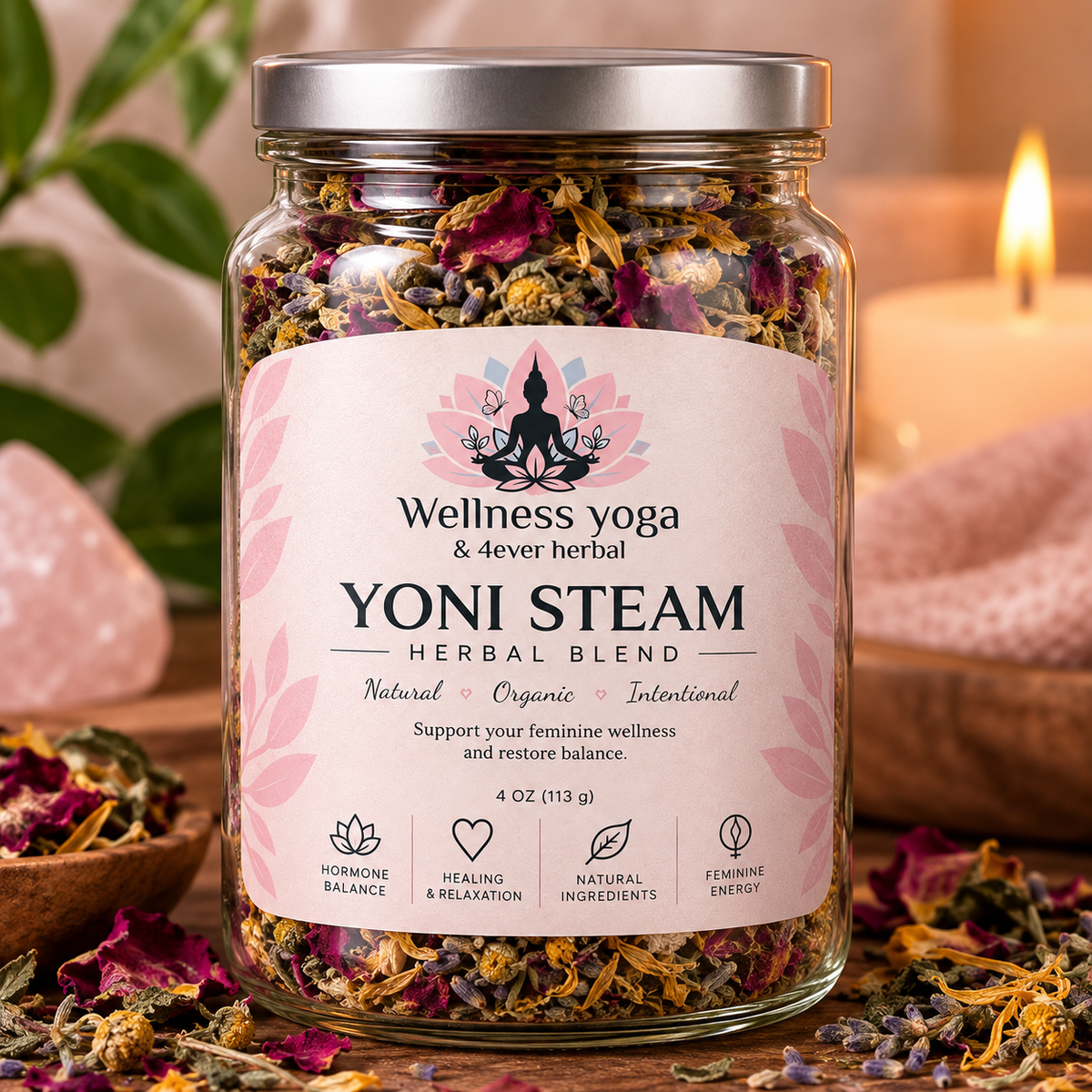 Wellness yoga & 4ever herbal Yoni Steam Herbal Blend in a clear 4 oz jar with a silver lid.