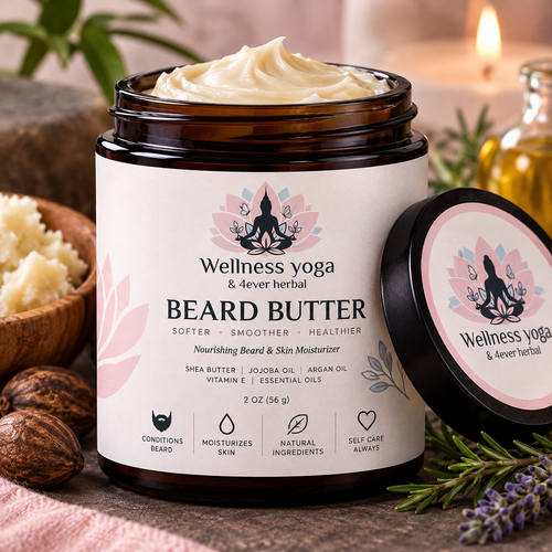 Wellness yoga & 4ever herbal Beard Butter in a 2 oz jar with its lid alongside.