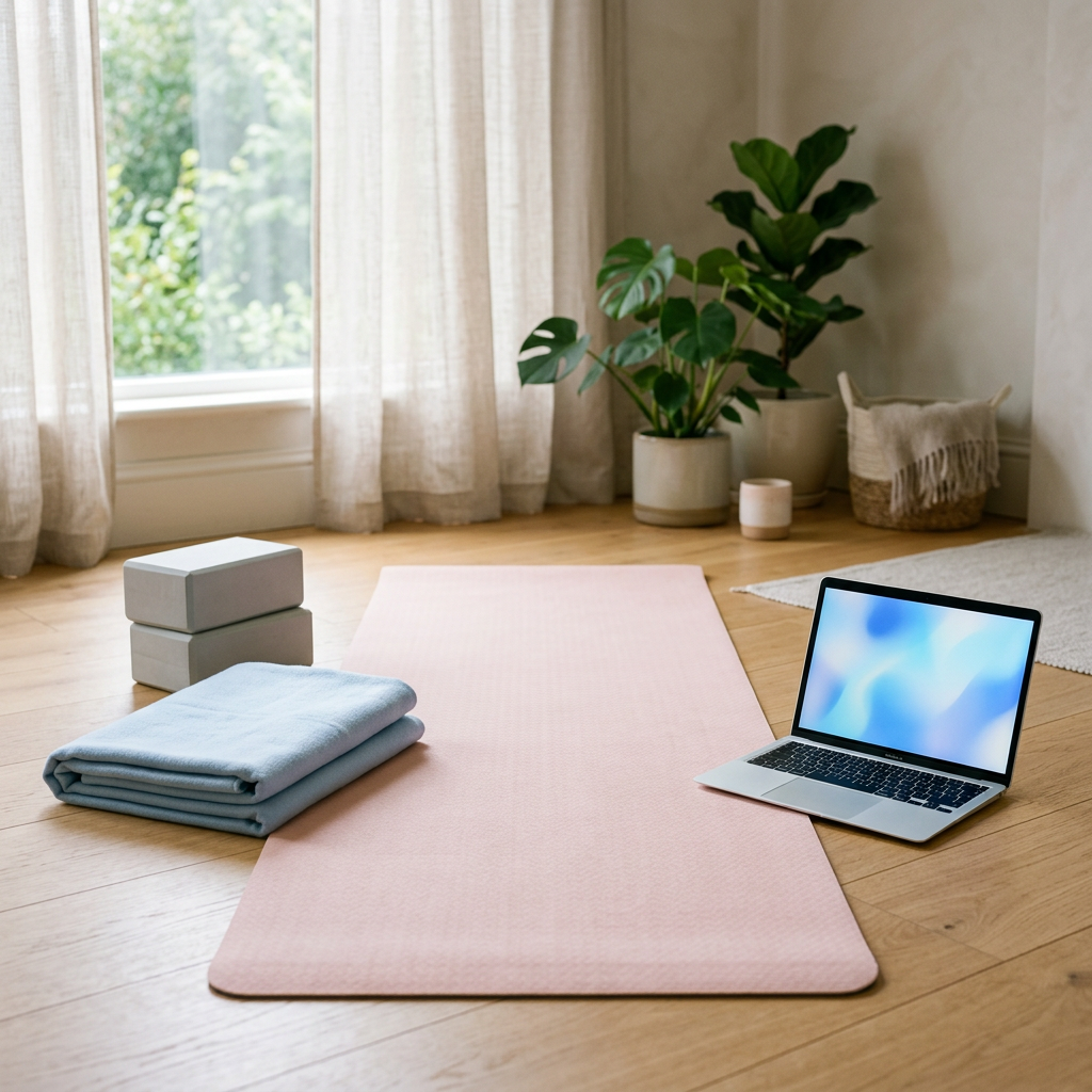 Illustrative home yoga setup with a blush-pink mat, pastel-blue blanket, grey blocks, and a laptop.